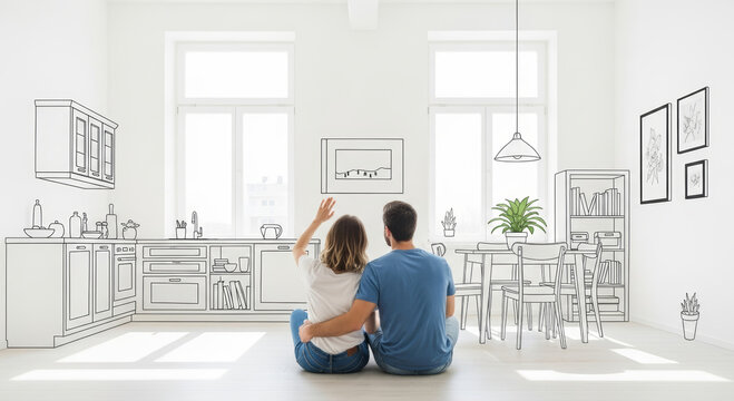 Young couple excitedly planning dream home interior design in bright modern room with hand drawn elements