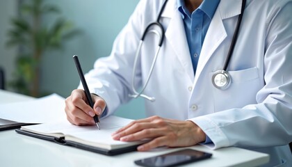 Fototapeta premium Doctor wearing white lab coat and stethoscope writes notes in medical record book. Physician consulting patient, making diagnosis in clinic office. Healthcare pro at desk with papers and phone.