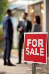 Real estate agent talking to clients selling new modern house or property. For sale red sign.