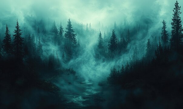 Misty forest at night