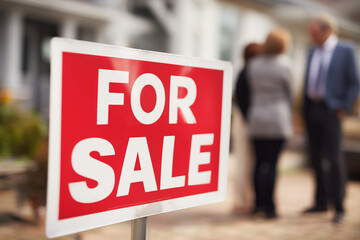 Real estate agent talking to clients selling new modern house or property. For sale red sign.