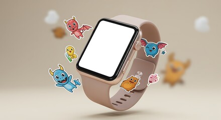 Playful smartwatch mockup with cute cartoon monsters and blank screen for customization