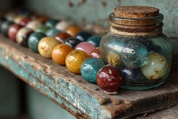 Rustic wooden shelf holding glass jar of marbles high resolution photo