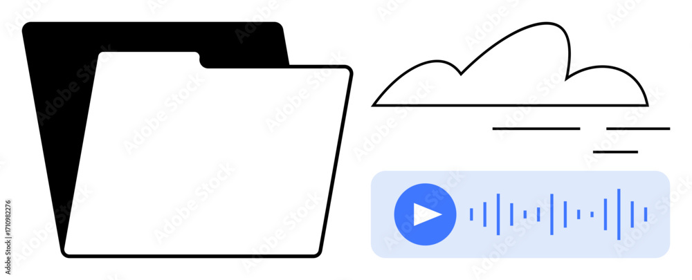 Poster folder icon, cloud storage symbol, audio waveform with play button. ideal for digital storage, cloud