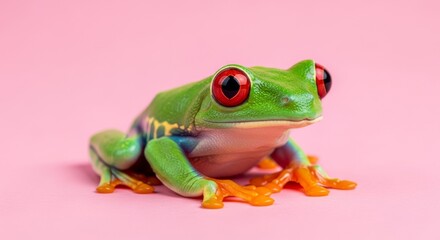 Red-eyed tree frog on a pink background, studio shot