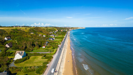 Aerial view of Omaha Beach in Normandy, France, with Flower Camping Omaha Beach nearby, historic...