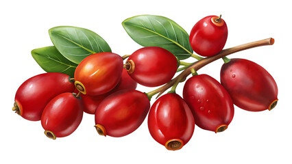 A branch of ripe dogwood berries isolated on transparent background, showcasing their vibrant red color and lush green leaves