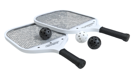 Two white paddles with dark grips and textured surfaces, positioned with two different colored balls