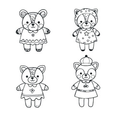 Playful cartoon bears in cute dresses illustrative art whimsical style creative environment childlike viewpoint. Vector illustration
