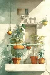 Watercolor illustration of a balcony adorned with various potted plants, showcasing vibrant greenery and a serene atmosphere, perfect for nature lovers and home decor enthusiasts