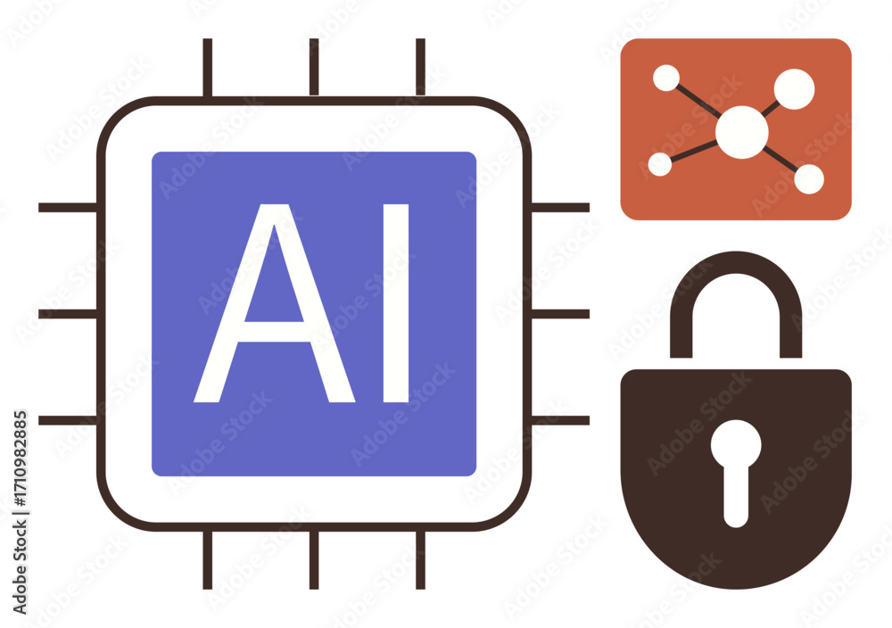 Poster ai microchip with digital neural network and security lock icon demonstrating technology, machine le