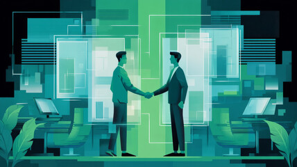Two businessmen in suits shaking hands in a modern office environment, surrounded by digital screens and abstract geometric shapes, symbolizing partnership and collaboration