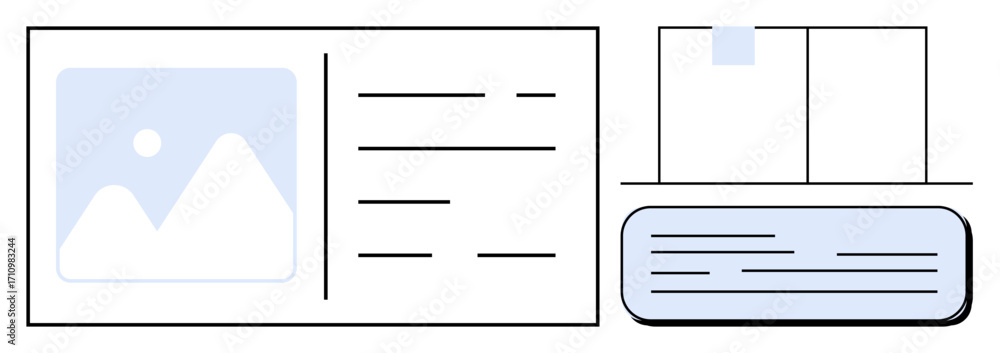 Poster minimal webpage layout with a photo placeholder, three text lines, document tabs, and dialog box. id