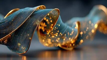 Shimmering golden ribbon wave in teal style high resolution background