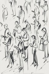 Abstract illustration of diverse individuals engaged with digital devices, showcasing modern technology use in a busy urban environment with dynamic movement and interaction