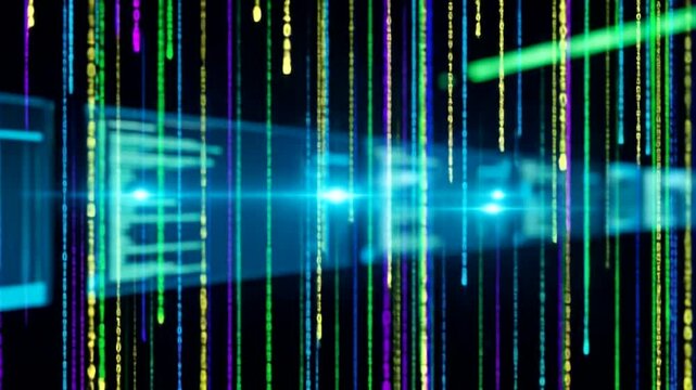 Abstract digital design with multicolored binary code and glowing shapes.