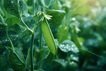 Fresh organic green peas growing on garden bush.