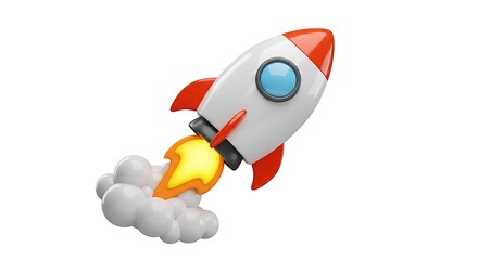 Dynamic rocket blasting off with fiery exhaust and smoke, symbolizing launch and innovation