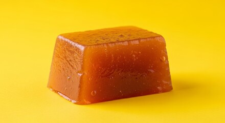 A single piece of orange confectionery on a yellow surface