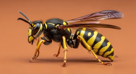 Detailed closeup of a wasp on a brown surface