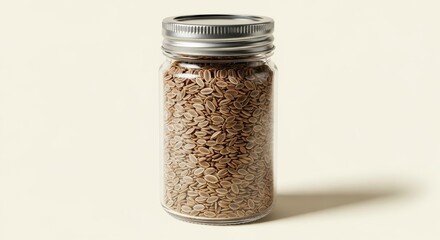 A jar of fennel seeds on a neutral background