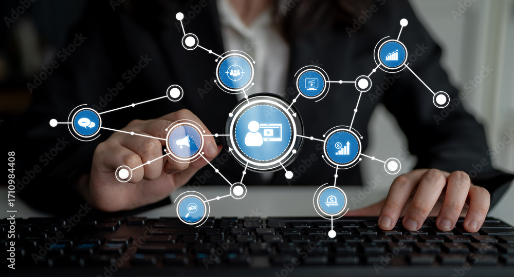 Poster a professional interacts with a digital interface while analyzing data and enhancing networking oppo