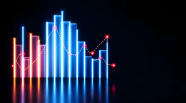 Abstract neon bar chart with reflective surface - Powered by Adobe