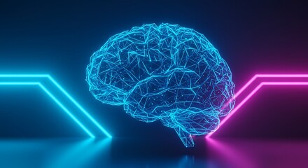 Dynamic digital brain glows with neon blue and pink light representing AI and innovation