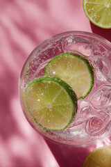 Refreshing iced sparkling water with ice cubes and slice of lime top view against pastel pink background. Non-alcoholic drink alternative.