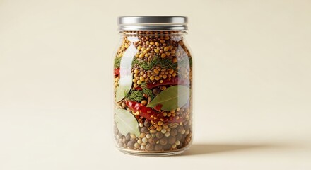 Pickling spice mix with red peppers in a glass jar.