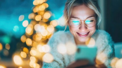 Woman smiling while using smartphone near Christmas tree