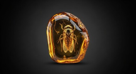Insect trapped in amber, fossilized in resin against dark background