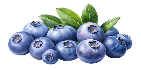 Fototapeta premium Heap of fresh blueberries with green leaves isolated on transparent background, perfect for healthy eating concepts