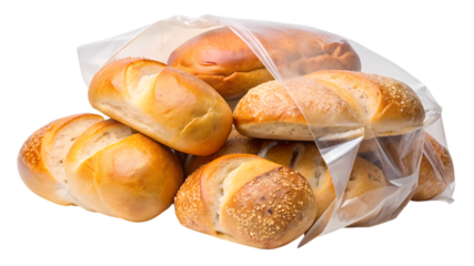 Freshly baked bread rolls in a plastic bag isolated on transparent background, a delicious and convenient option for a quick and tasty meal or snack