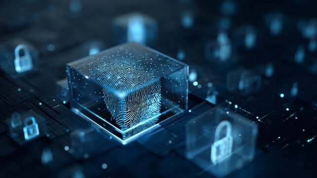 Digital fingerprint embedded in a transparent cube, surrounded by glowing padlocks and binary code, representing security and identity verification in a futuristic technology environment