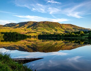 Obraz premium Serene lake reflecting a tranquil mountain range under a bright, cloud-filled sky.