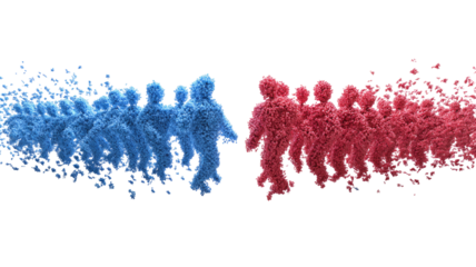 Two lines of abstract figures, resembling people, in shades of blue and red, disperse from a central point, against a black background.  A sense of movement and separation is suggested