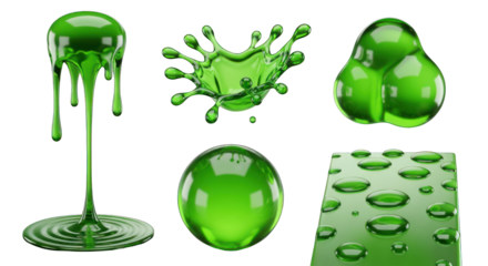 Green Liquid Splashes Drops and Forms on White.