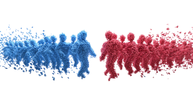 Two lines of abstract figures, resembling people, in shades of blue and red, disperse from a central point, against a black background.  A sense of movement and separation is suggested