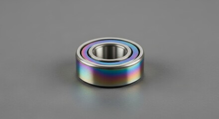 Close-up of an iridescent metal ring on a grey background