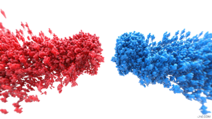 Two abstract shapes, red and blue,  like ink blots or clouds