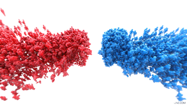 Two abstract shapes, red and blue,  like ink blots or clouds