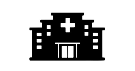 Obraz premium Modern hospital building icon with a prominent cross symbol, representing healthcare services and medical facilities for vital care.