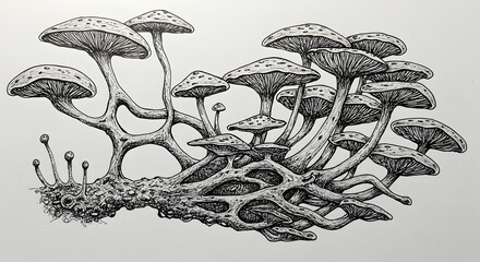Fungal Foray: An intricate pen-and-ink illustration captures the delicate beauty of a cluster of mushrooms. The meticulous detail highlights the unique shapes and textures of each mushroom.