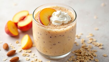 Creamy peach smoothie topped with whipped cream and a peach slice. Contains oats and almonds for a healthy breakfast or snack option. Refreshing and delicious.