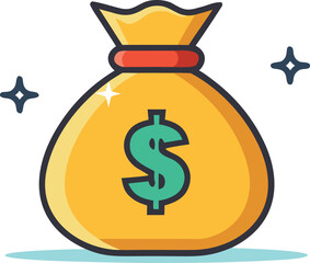 Vector art of cartoon illustration of a yellow money bag with a green dollar sign, , symbolizing wealth and financial gain