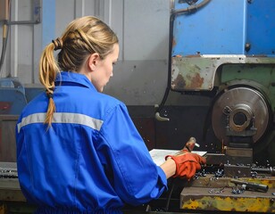 Fototapeta premium A woman in a blue uniform works on a metalworking machine, focused on a piece of metal.