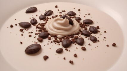 Fototapeta premium Coffee mousse dessert with chocolate coffee beans in white plate, closeup