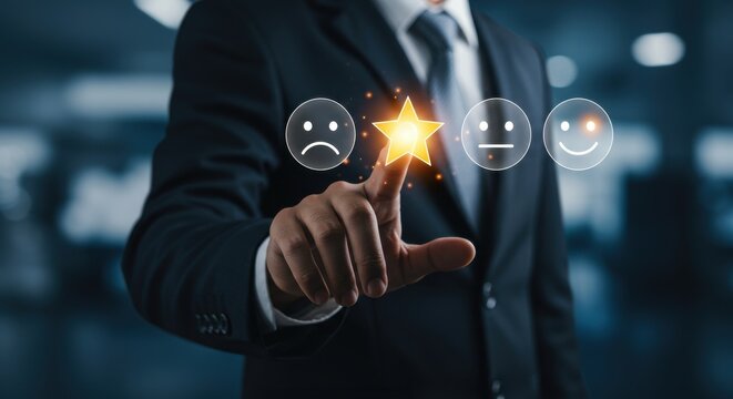 Customer satisfaction and feedback concept with a businessman rating a star on a digital interface