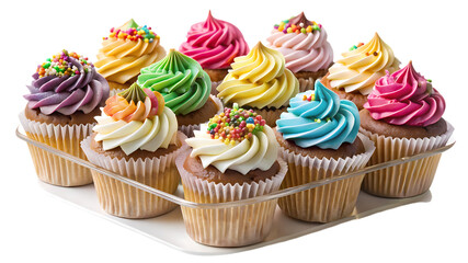 Delicious assorted cupcakes with colorful frosting and sprinkles isolated on transparent background, perfect for birthdays and celebrations